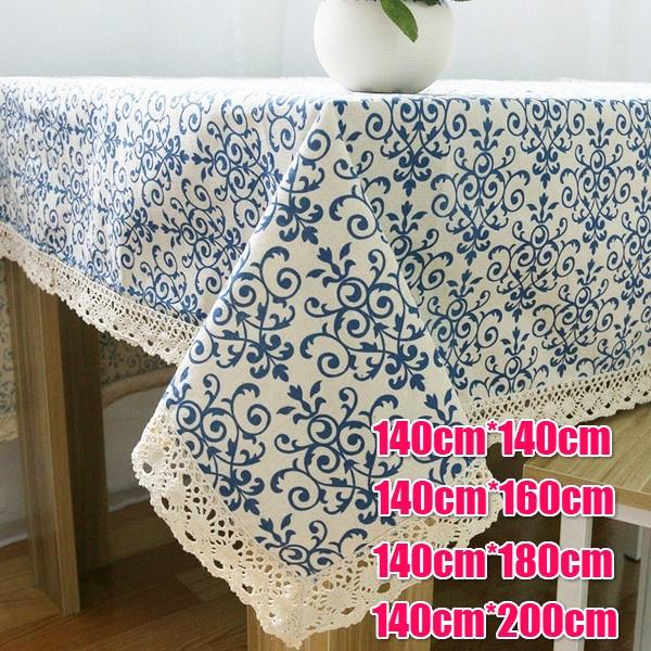 Retro Blue and White Porcelain Table Cloth Lace Rectangular Chinese Style Cotton Print Dinning Table
