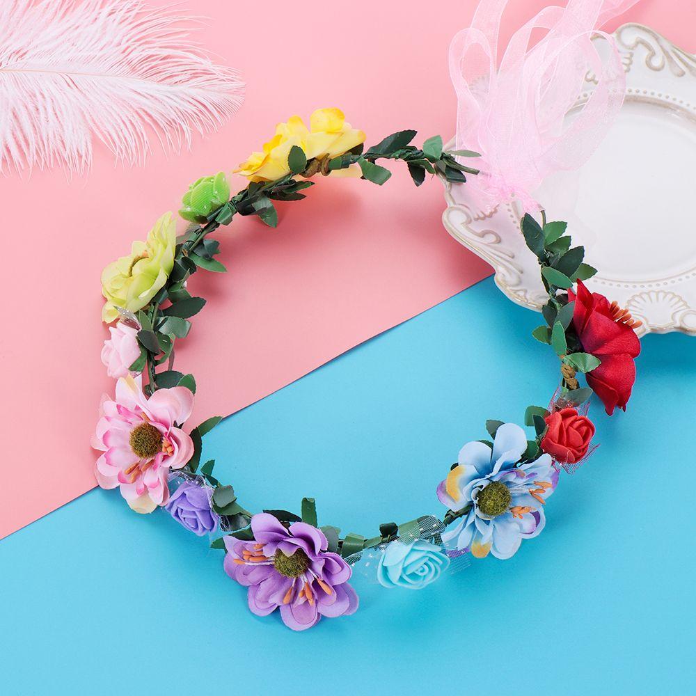 Flowers Leaves Headbands with Adjustable Ribbon Bohemia Garland Bridal Halo Headpiece Rose Flower Crown Girls Floral Wreath