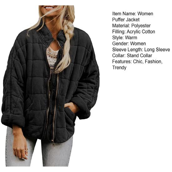 Women's Quilted Puffer Jacket Lightweight Zip Up Padded Down Coat Winter Warm Long Sleeve Outerwear with Pockets