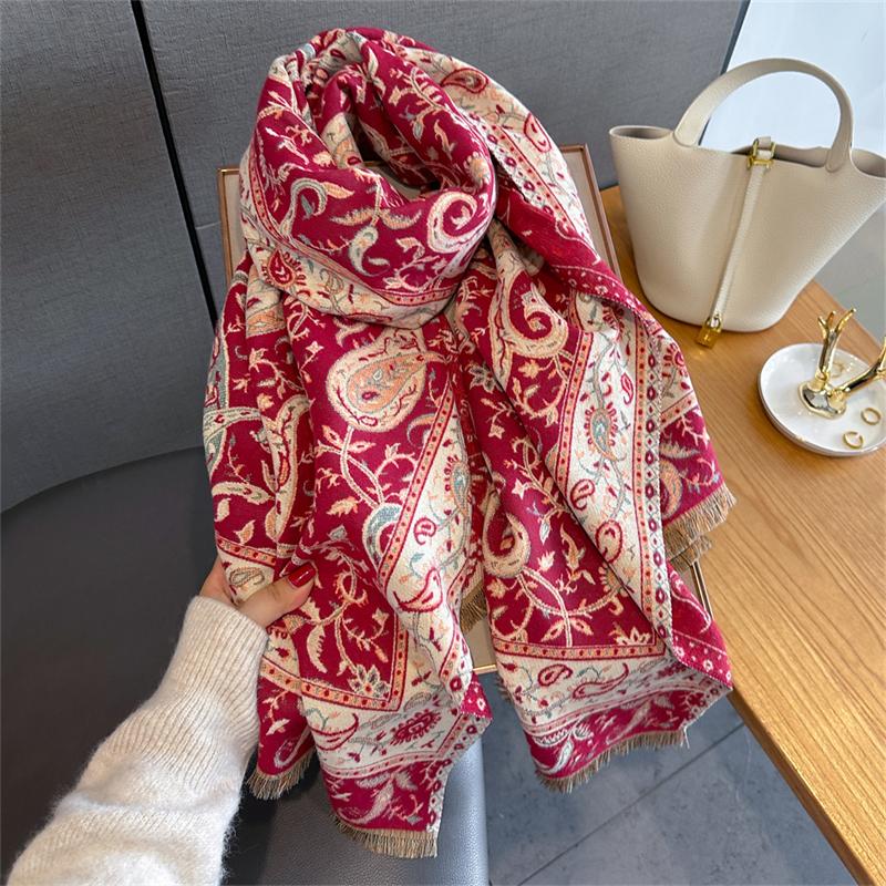 

Дизайнерский цветочный принтованный кашемировый шарф для женщин, зимние пашминовые шали и накидки, толстые теплые палантины-буфанда, роскошное одеяло 65x185cm