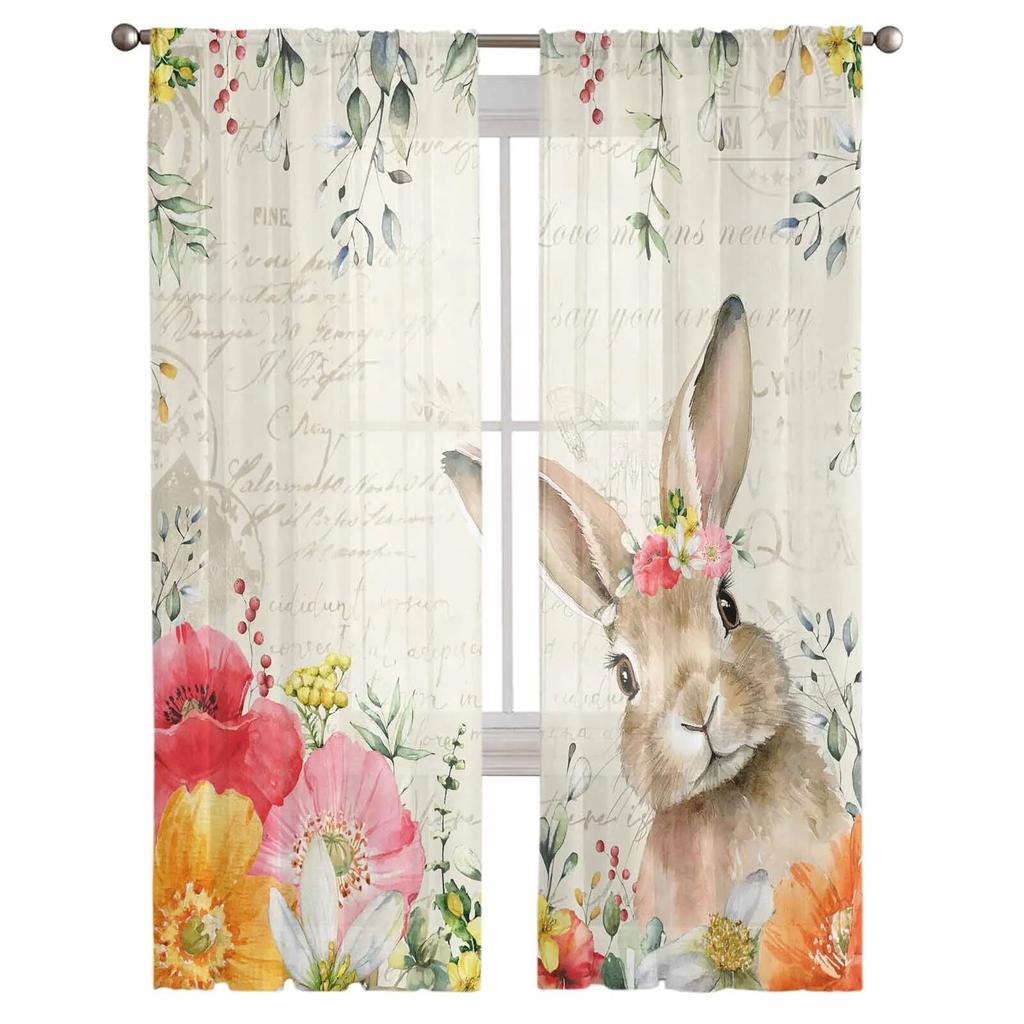Pisanki Króliczek Tulipany Kwiaty Przezroczyste Zasłony Do Salonu Kuchni Zasłony Okienne Sypialnia Tiulowe Woalowe Zasłony