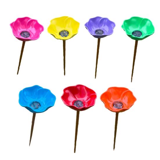 Metal Flower Garden Stake Pollinator Watering Station Mini Bird Bath Drinking Bowl for Bees Butterflies Birds Outdoor Yard