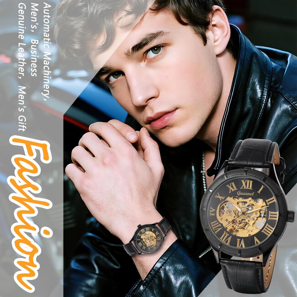 Automatic Men's Watch with Luminous Hands and Genuine Leather Strap: Waterproof, Mechanical, Analog Display, Roman Numerals, Durable, Reliable,