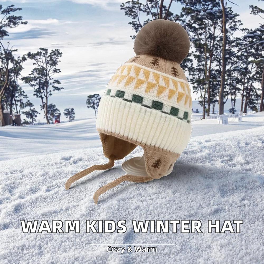 Cute Winter Unisex Baby & Toddler Windproof Fleece Lined Earflap Beanie Hats with Pompom Knit Polyester/Cotton Warm Daily Wear