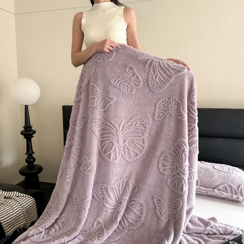 Luxurious Chiffon Butterfly Jacquard Throw Blanket Velvet Nap Blanket Office Shawl Comfortable Blanket Warm Sofa Blankets for Bed Quilt