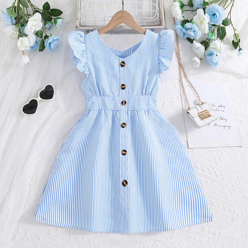 Girls' Summer Princess Striped Flutter Sleeve Dresses, Ages 3-14