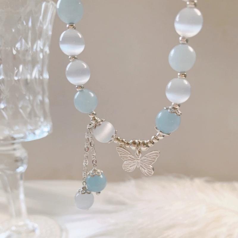 Aquamarine Cat's Eye Crystal Butterfly Bracelet with Sterling Silver and Tassel