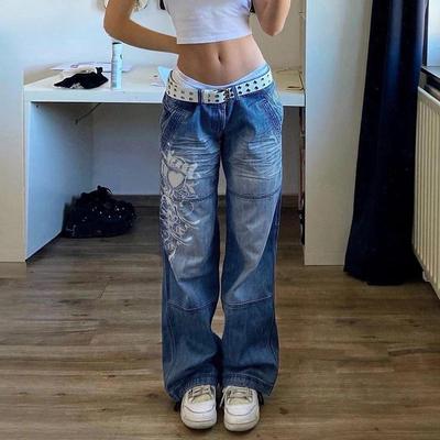 ZYLLO Jeans pour femmes à imprimé Harajuku, imprimé floral, esthétique vintage, coupe ample droite, grunge, tenues décontractées, pantalon streetwear Y2k