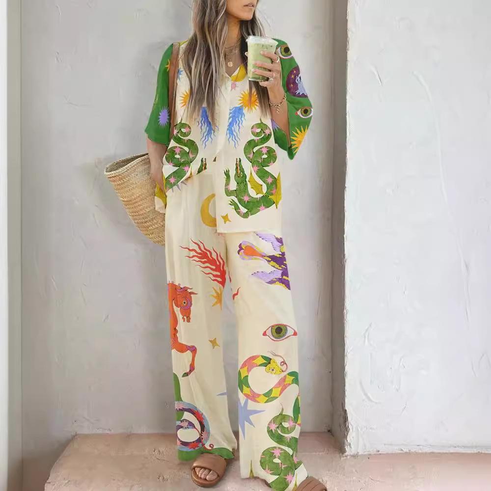 2025 European and American women's clothing cotton and linen printed shirt trousers fashion casual suit