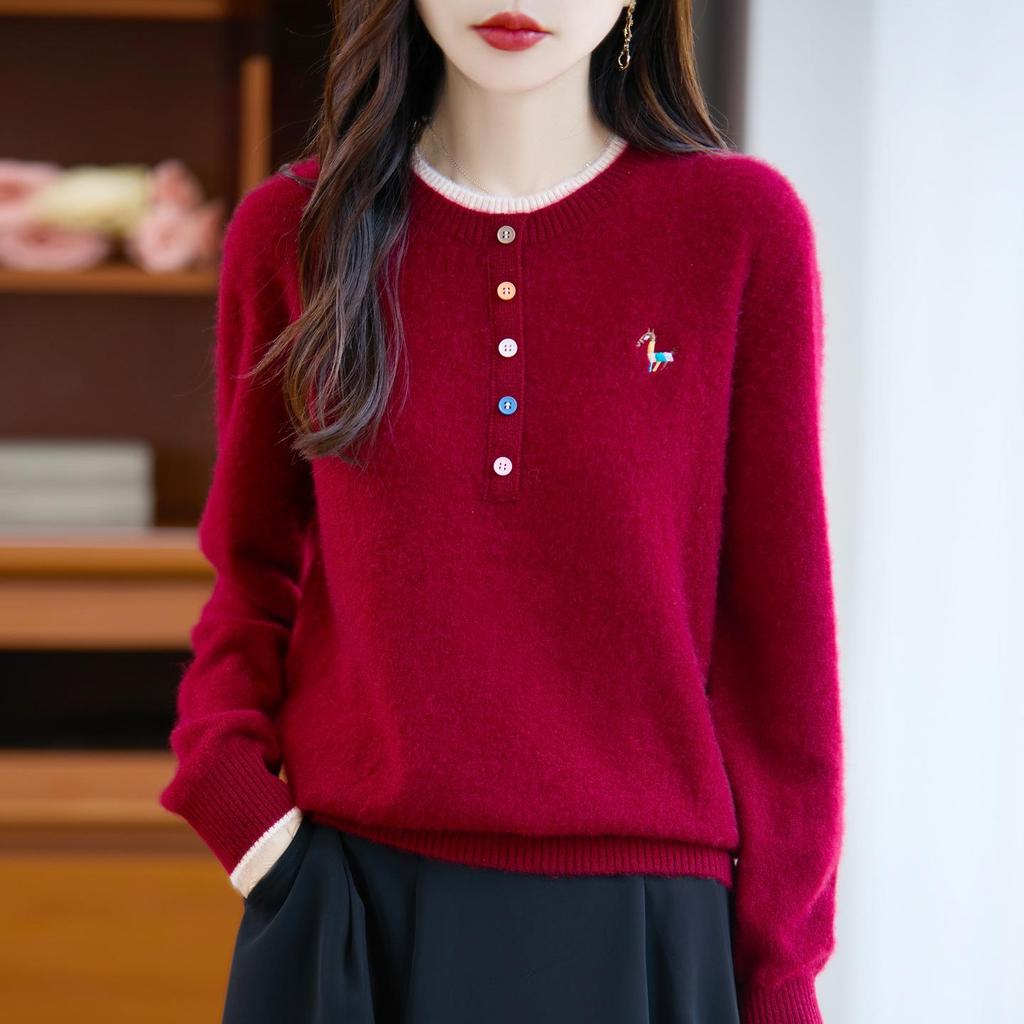 Women's 2025 Autumn/Winter 100% Wool Embroidered Sweater with Round Neck and Colorful Buttons