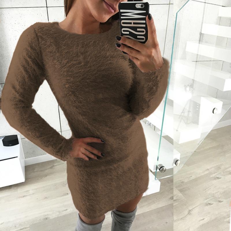SCIONE Women Plush Round Neck Casual Sweater Loose Sleeve Long Sleeve Round Neck Plush Dress
