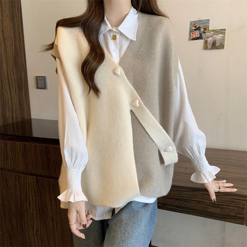 Vår og høst Kontrastfarge Strikket Genser Vest for Dame Design Uregelmessig Løs og Slank Ermeløs Strikket Vest Dame