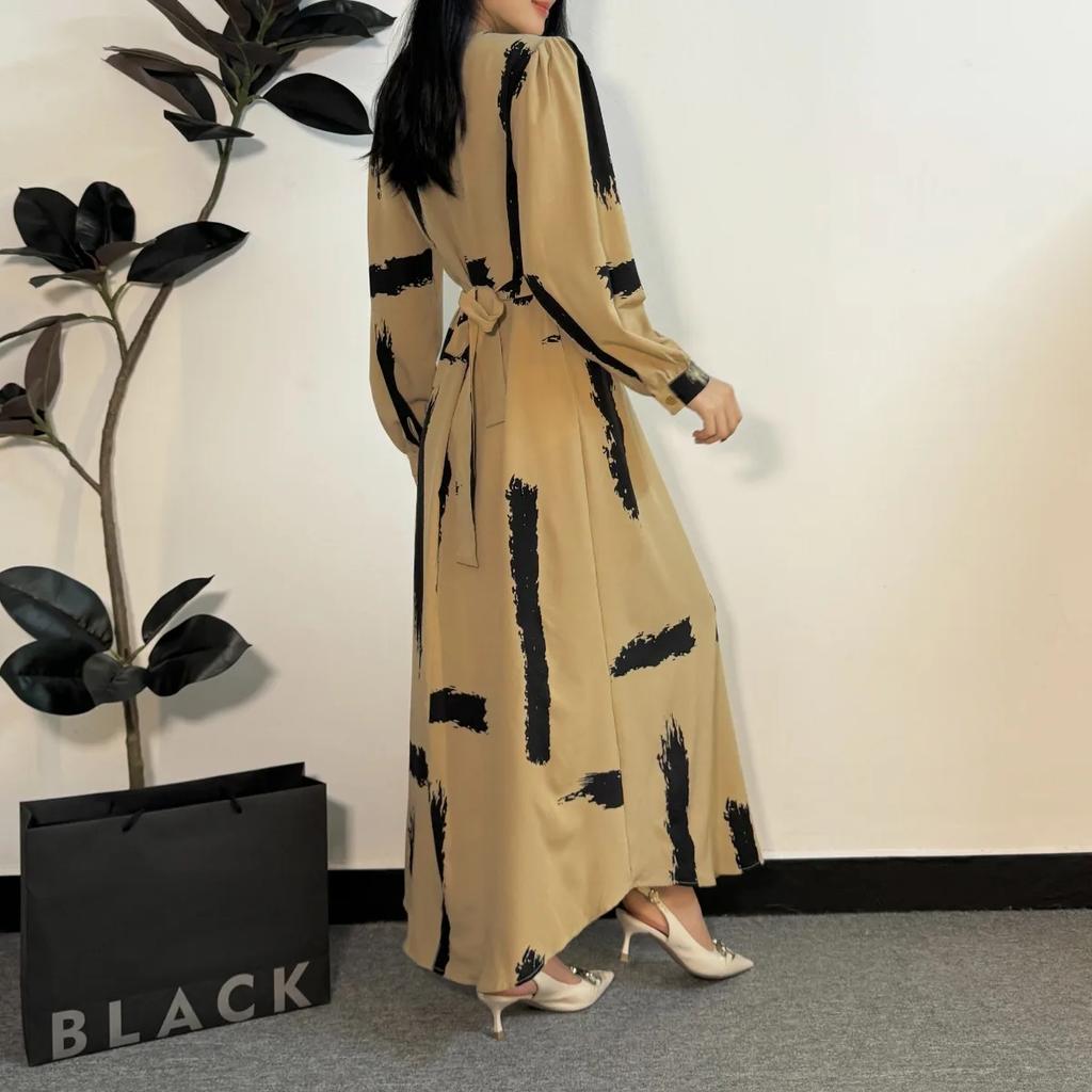 Rochie musulmană Rochii de rugăciune pentru femei Abayas Moda Femeie Gâtul O cu mânecă întreagă A-line Casual Rochii maxi lungi Ramadan cu centură