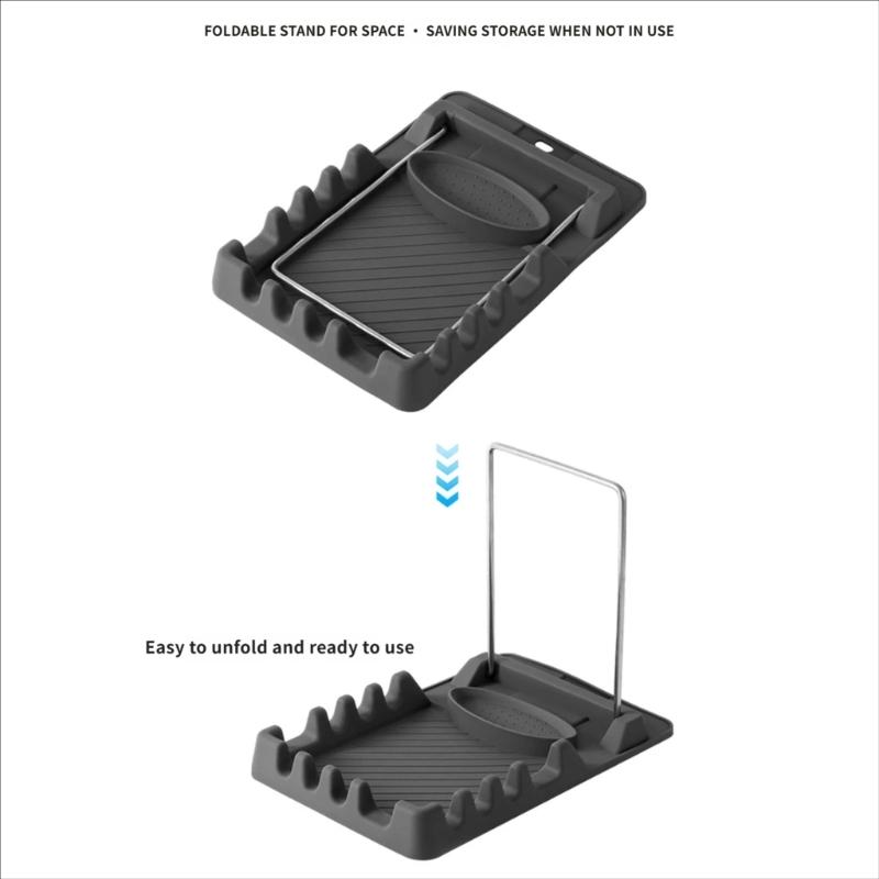 Spatula Rest and Pot Lid Rack with Partitioned Drain Tray, Metal Frame Stand for Sink Area, Table Side Service and Daily Cooking for Kitchen Counter