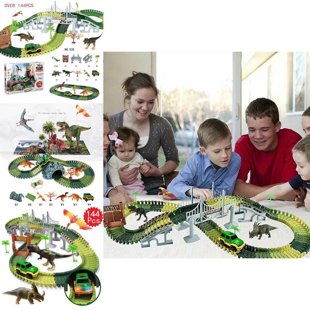 Explore The 144pcs Dinosaur Dino World Kid Flexible Race Car Track Play Set