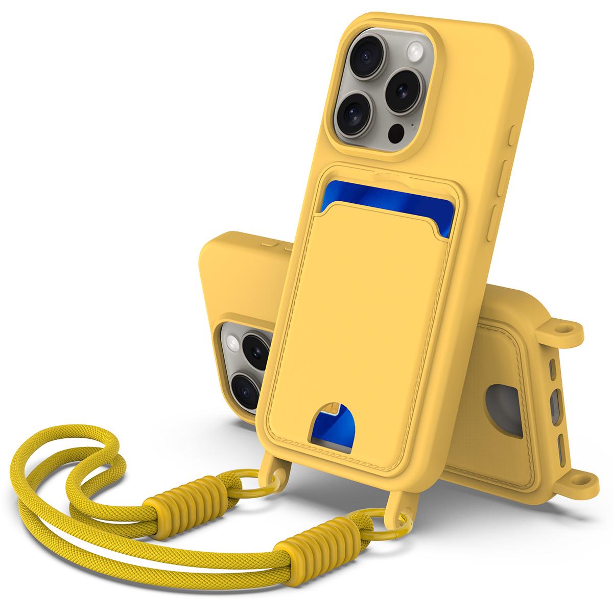 

For iPhone 13 Pro 6.1 inch Liquid Silicone Case Phone Back Cover with Card Holder and Short Strap Yellow