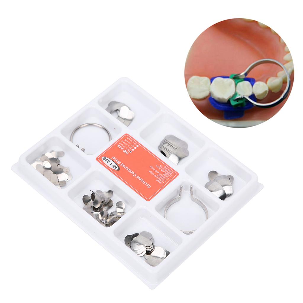 100pcs Steel Dental Sectional Contoured Matrices with 2 Rings Dental Supplies Accessory