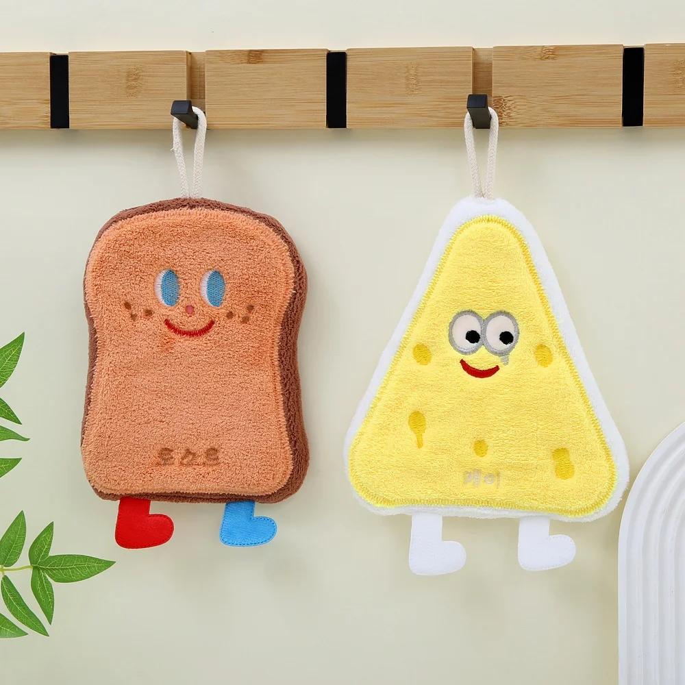 Cheese Toast Cute Cartoon Hand Towel, Kitchen and Bathroom Hanging Quick Drying Cloth, Coral Fleece Thick Towel