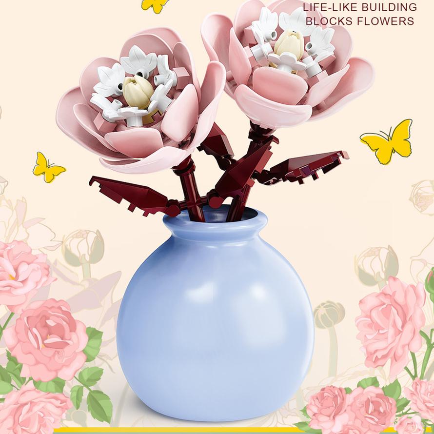 DIY MOC Flowers Bouquet Rose Sunflower Succulents Bonsai Vase Gardens Romantic Building Blocks Model Bricks Kids Sets Kits Toys