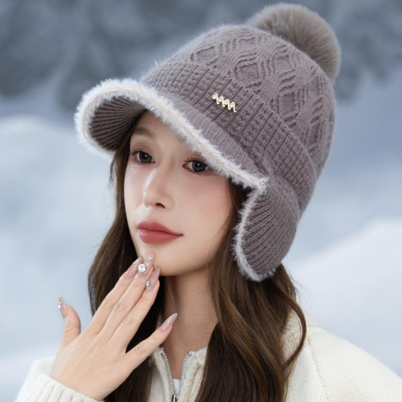 Autumn and Winter Velvet Warm Duck Knitted Hat Outdoor Leisure Cold Wind Snow Ear Hat Women's Winter Knitted Wool Hat Outdoor Travel Windproof Hat
