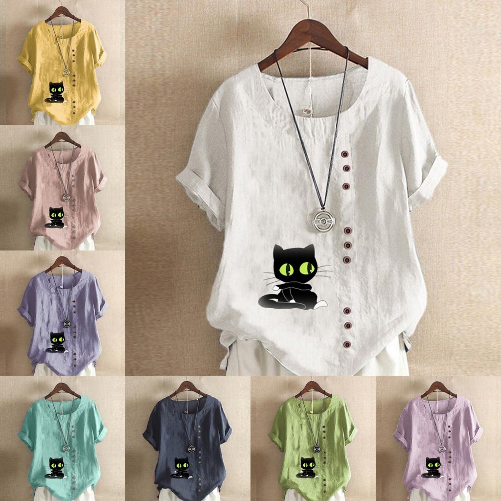 Dámská móda Tričko s kulatým výstřihem Krátký rukáv Neformální Bavlna Lněná Grafická Košile Volný Volný Letní halenka Černá kočka s potiskem