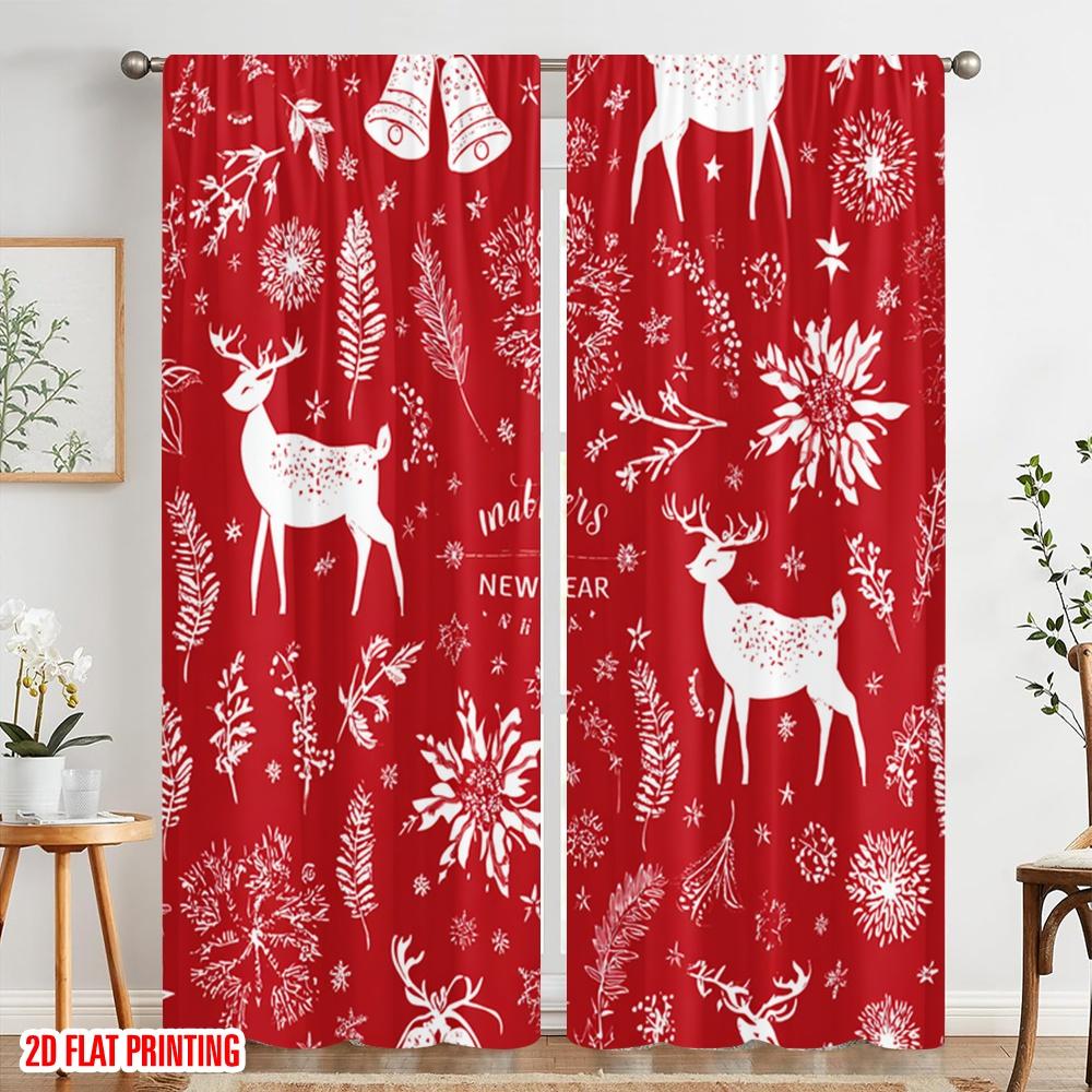2pcs,2D Plane Printing Curtain Popular Christmas Reindeer and Bells Durable 100% Polyester Fabric (without Rod) Decorations