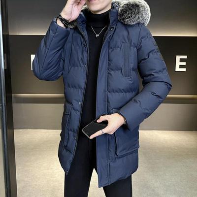 Herren Plus Size Freizeit-Baumwolljacke in mittlerer Länge mit Pelzkragen und Kapuze, Verdickt für Wärme, Hohe Qualität
