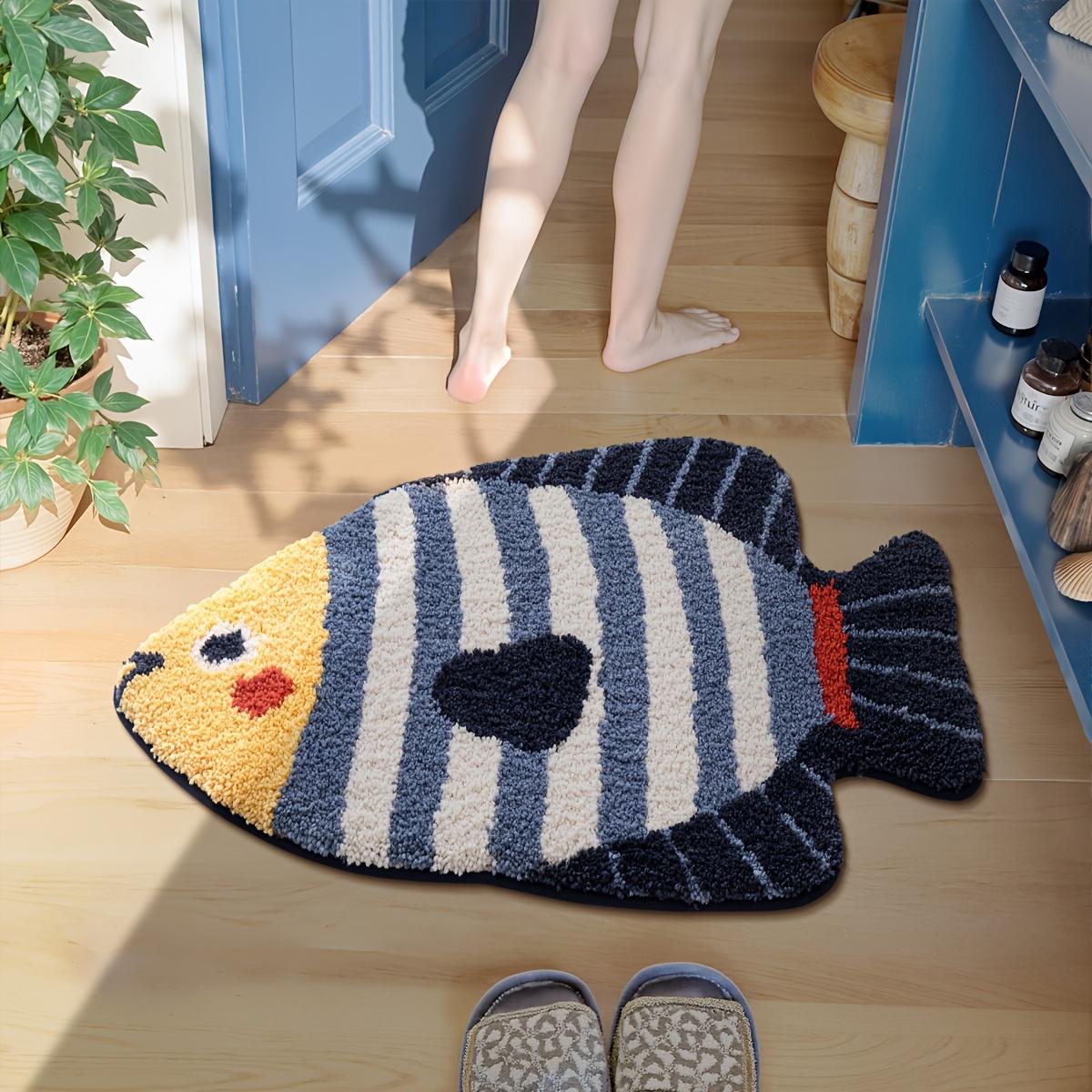 

Blue and White Striped Fish Floor Mat, oval plush anti-slip design, washable for kitchen and bathroom decor. 40*60cm