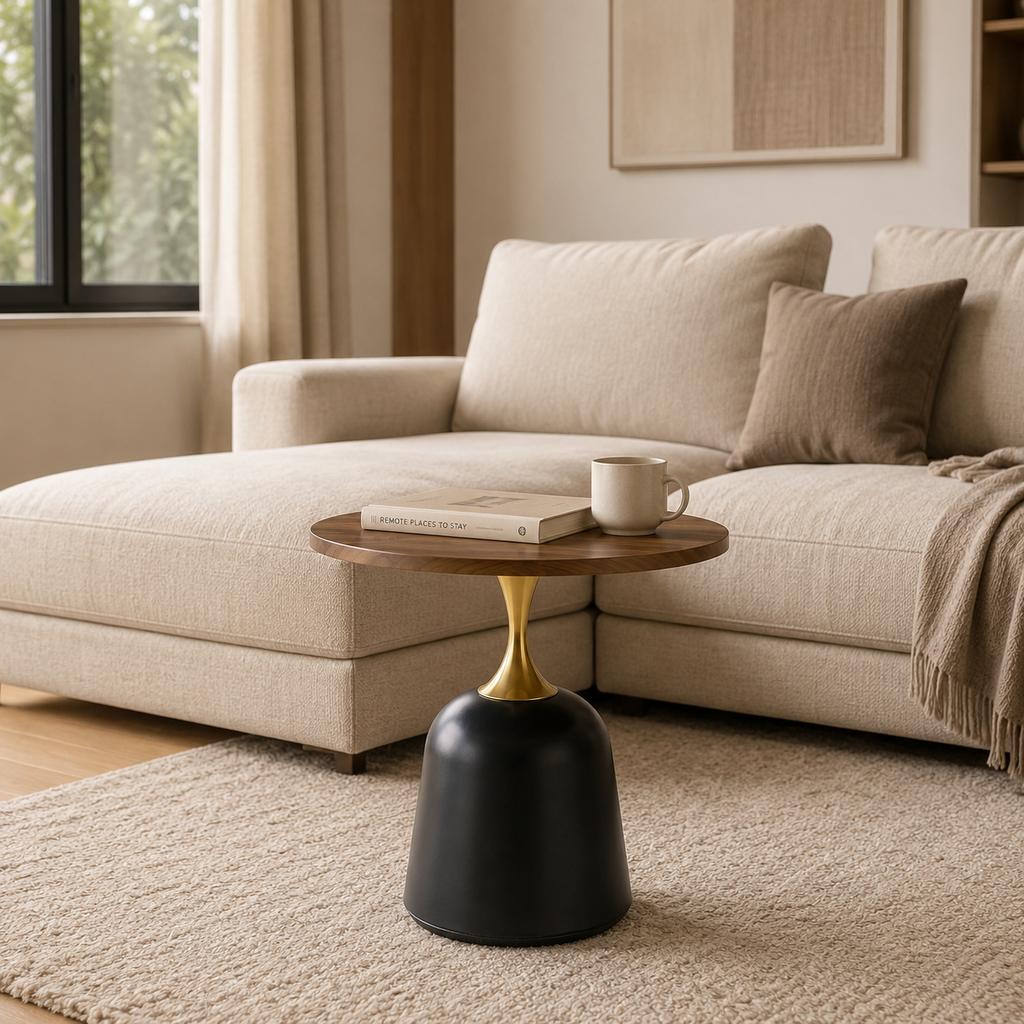 60 cm Round Side Table, Living Room Table with Metal Frame, Simple, Modern Tabletop in Walnut Look, Unique Round Desk for the Bedroom or Next to the