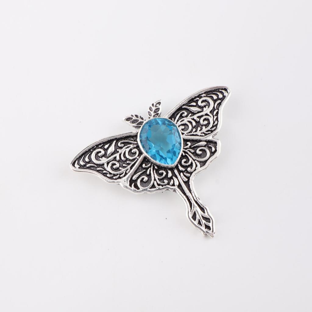 Swiss Blue Topaz  Gemstone 925 Sterling Silver Boho Jewelry Vintage Pendant 1.2" CP-31-1