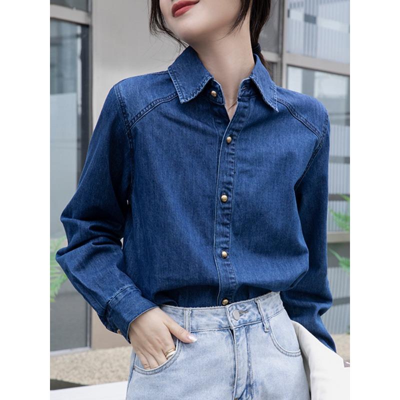 Dark Blue Retro Shoulder Port Soft Denim Shirt for Women To Wear Autumn, Winter and Spring New Small Top