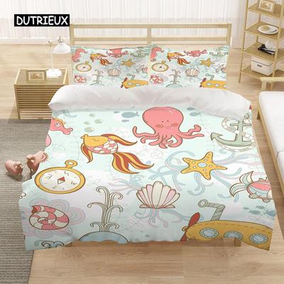 Cartoon Königin König Bettbezug Niedliche Tiere Bettwäscheset Kinder Jungen Mädchen Oktopus Seestern Blau Weich 2/3tlg. Polyester Steppdeckenbezug