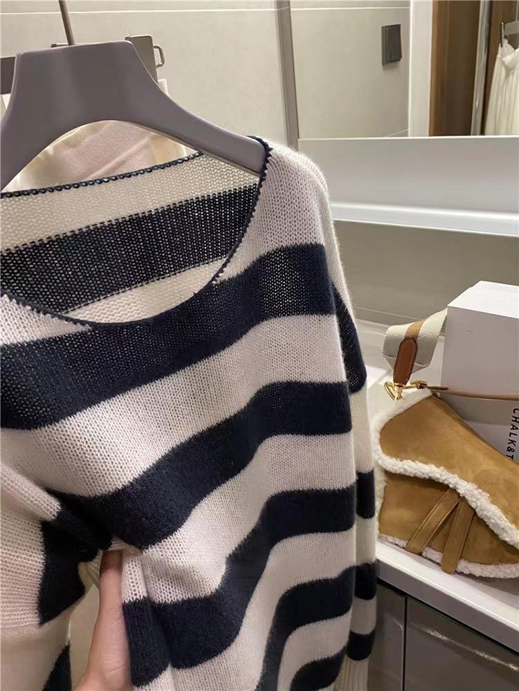 Women's Korean Style Striped Cashmere Round Neck Sweater – Soft, Comfortable, and Loose Fit