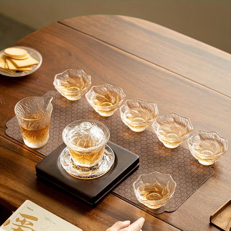 1 Set Glas Kung Fu Tee Set Japanisches Haushalts-Tee Gedeckter Becher Teetasse Wohnzimmer Gletschermuster Glasbecher Trinkgeschirr Komplettes Tee-Set Geburtstagsgeschenke