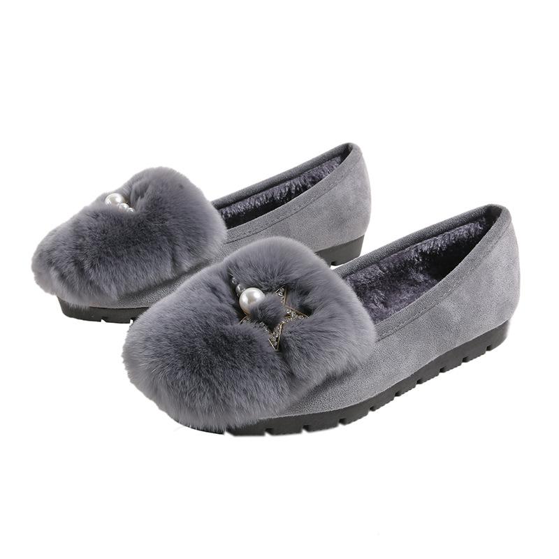 Fashion Winter Rabbit Fur Shoes Women Pearl Crystal Buckle Cotton Flats Woman Furry Loafers Antiskid Warm Plush Moccasins Big Size 34-43