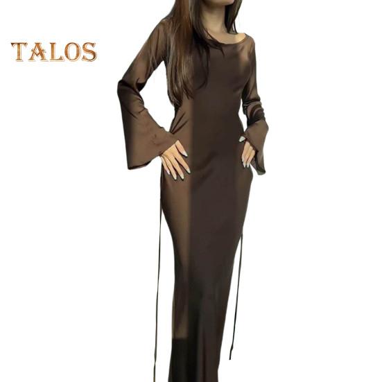 

Весеннее женское платье, однотонное, с круглым вырезом, с длинным рукавом, атласное, длиной до пола, с узкой талией, мягкое дышащее вечернее платье, вечернее платье для выпускного вечера, макси-платье M коричневый