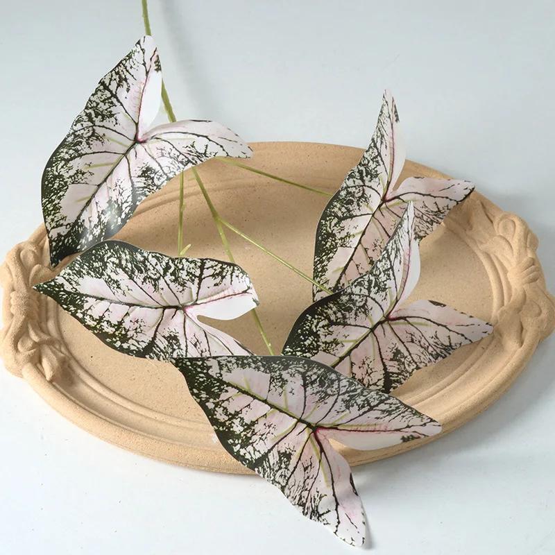 50cm Artificial Plants Film 5 Forks Colorful Taro Leaves Table Decorative Simulation Green Plant Leaf Wedding Decoration Floral