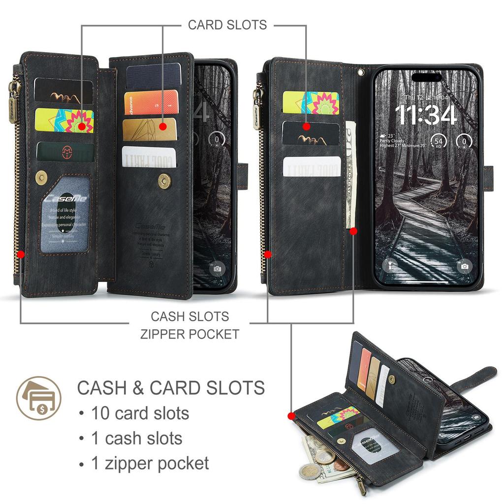 CaseMe-C30 Luksusowe Premium Etui Portfel ze Skóry PU Dla iPhone17 16 15 14 13 Pro Max Wielofunkcyjne Etui z Zamkiem Błyskawicznym na Karty Osłony Ochronne Skórki+Pasek