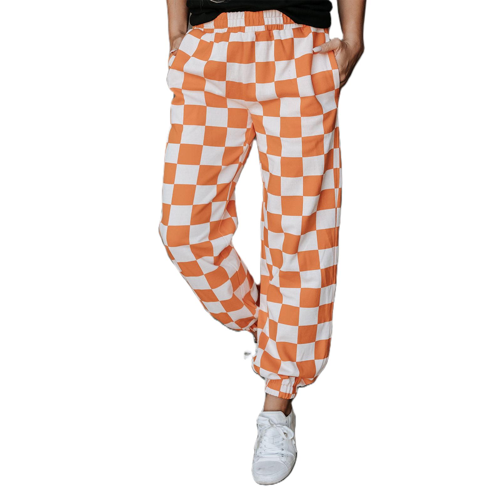 

Женские спортивные штаны, эластичный пояс, клетчатые брюки с карманами для повседневной носки XL оранжевый