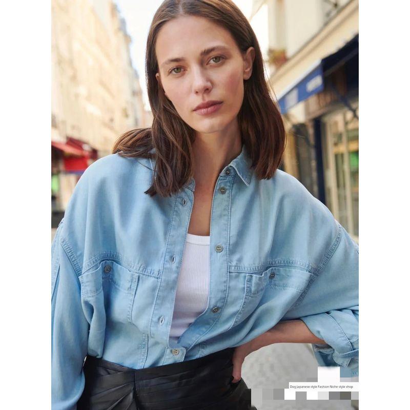 

New Spring and Summer French Red Brand Niche Loose Washed Tencel Light Blue All-Matching Demin shirt Women Light Blue M