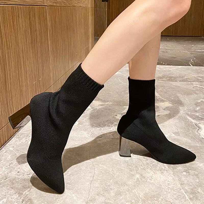 Fashion Fashion Pointed Toe High Heels Boots Women Breathable Mesh Socks Boots for Woman Autumn Winter Soft Solid Color Botas Ladies