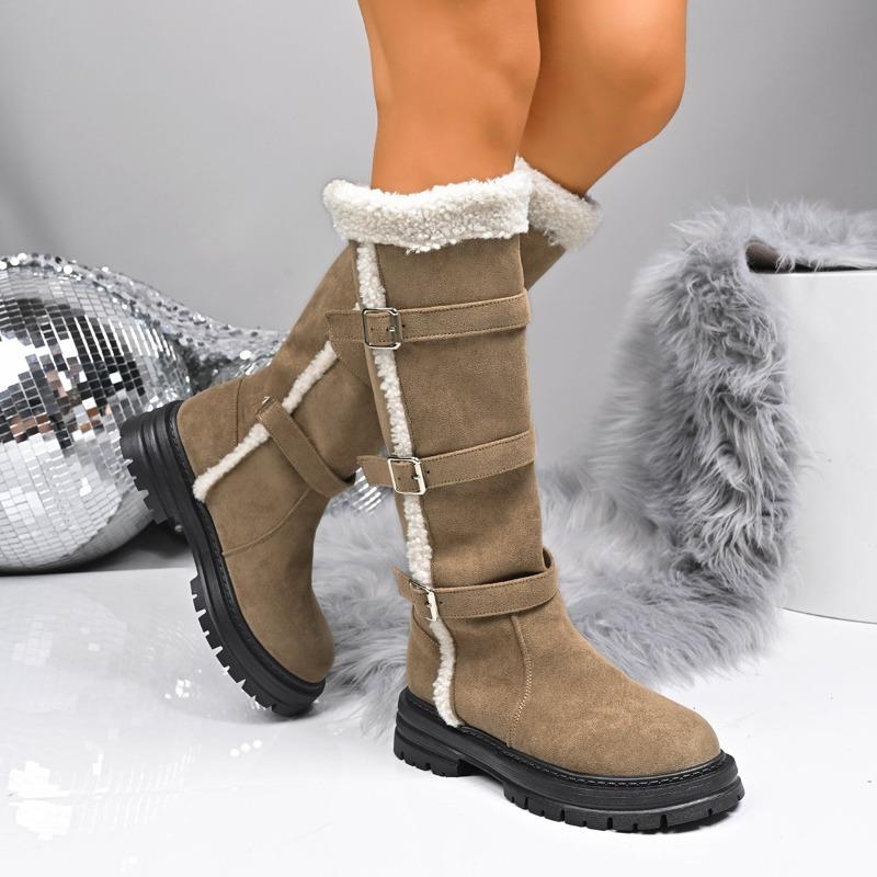New Winter Fleece Lined Turn Over Long Boots with Buckles Fluffy Thick Snow Cotton Thigh High Boots