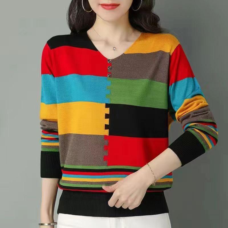 Women's Thin Knitted Sweater Long Sleeve Colorblock Thin Pullover V-neck Knit Loose Top