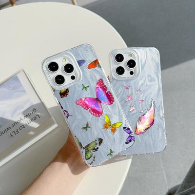 N76 Butterfly Clear Frame Case für Samsung S25 Ultra A55 A05s iPhone 16 13 Pro Max XR Xiaomi Redmi Note 13 Feder Chiffon Textur versilberte Hülle