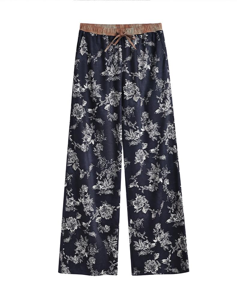 2026 Spring Women's Ink Wash Wide-Leg Drawstring Pants - Retro, Elastic Waist, Casual Loose Fit