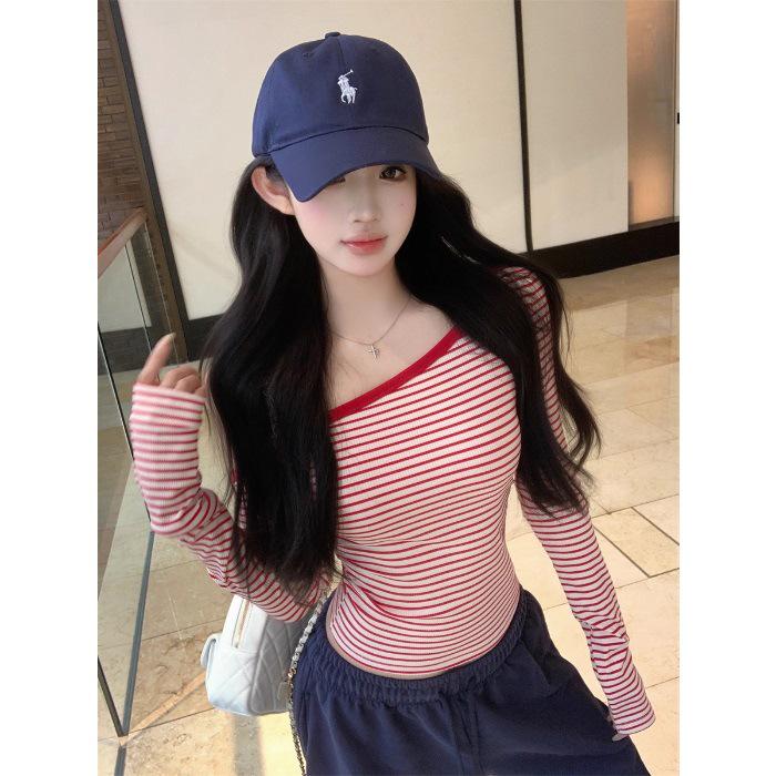 2026 Spring Autumn Pink Striped One-Shoulder Long Sleeve Cropped Slimming Women s Top Small