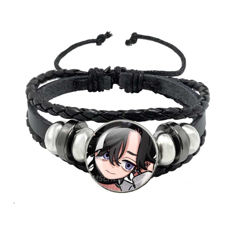 Manga Gokurakugai Cartoon Character Glass Cabochon Black Leather Bangle Bracelet Jewelry Charm Fans Gift MS013