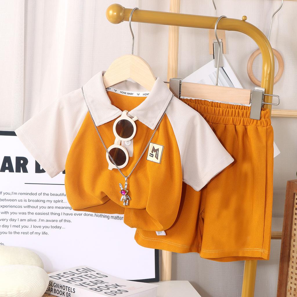 Costum de vară pentru copii cu mânecă scurtă și pantaloni scurți, stil occidental, cu guler polo și cusături, casual, stil stradal, costum din două piese pentru băieți