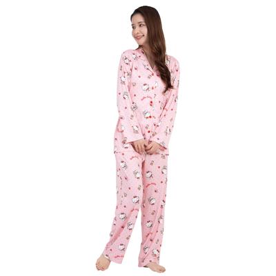 SAZAC Hello Kitty Shirt Puder Langarm und Hose Punkt Hello Kitty Design Pyjama, Stretch, Damen, Set, Loungewear, (Aprikose/L/SAN1786)
