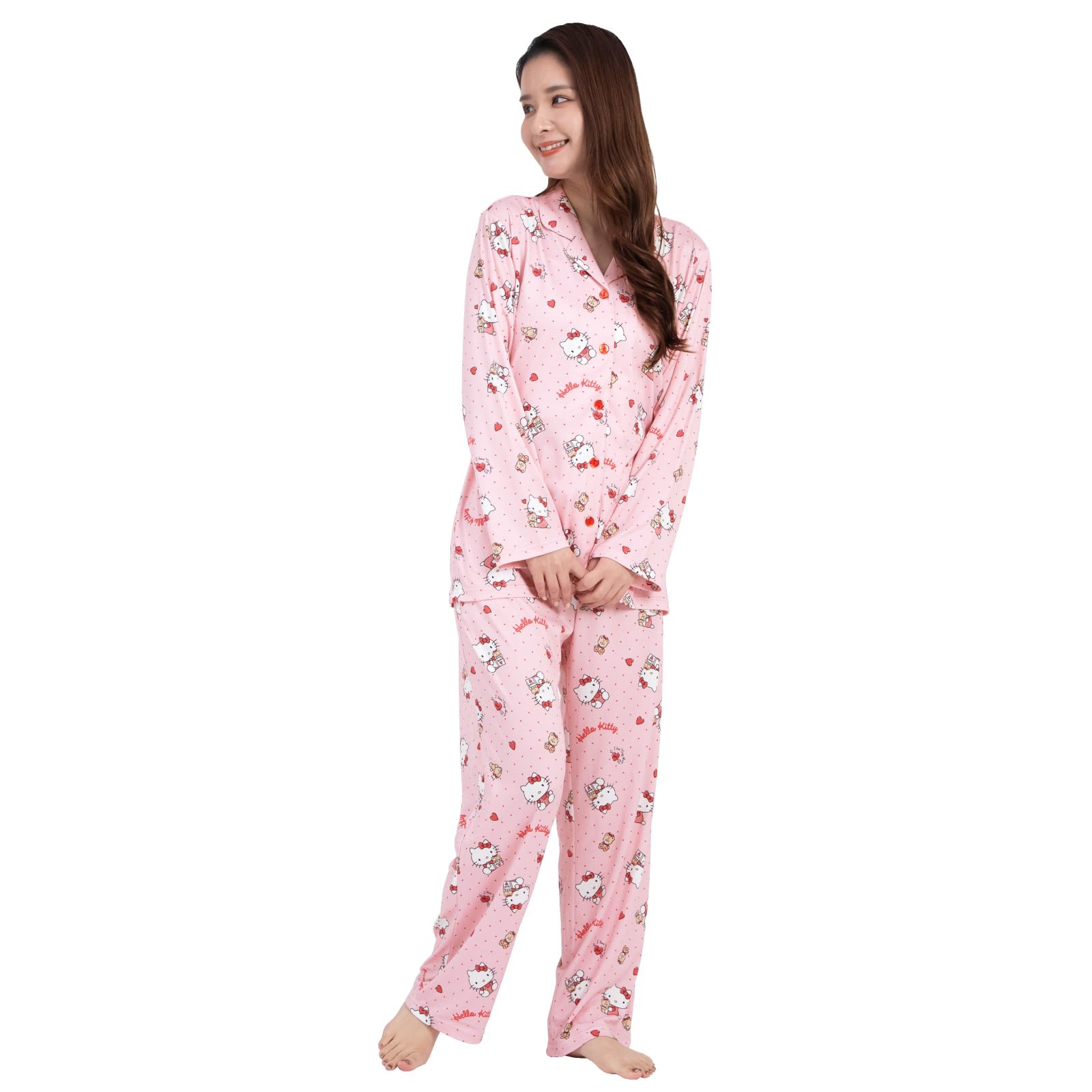 

Hello Kitty Shirt Pajamas Powder Stretch Long Sleeve Long Pants Top and Bottom Set Loungewear Room Wear Dot Hello Kitty [SAZAC] Women s абрикосовий